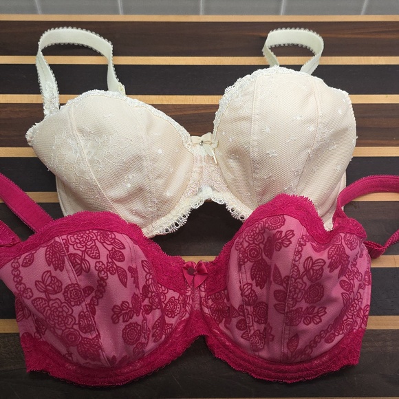 2 Fantasie Mae Hot Pink & Ivory Lace Underwire Bras - 30H US *Valentine's Sexy - Picture 1 of 16